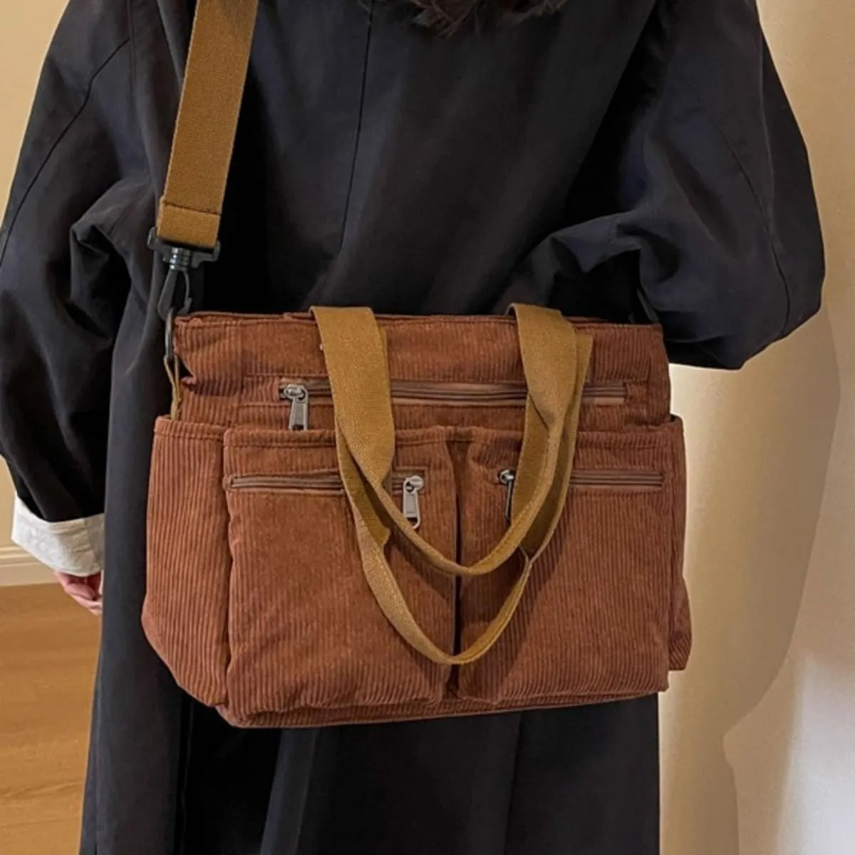 Women Corduroy Satchel Tote Bag Multi Pockets Large Capacity Totes Handbag Casual Work Meaaenger Purse,Green