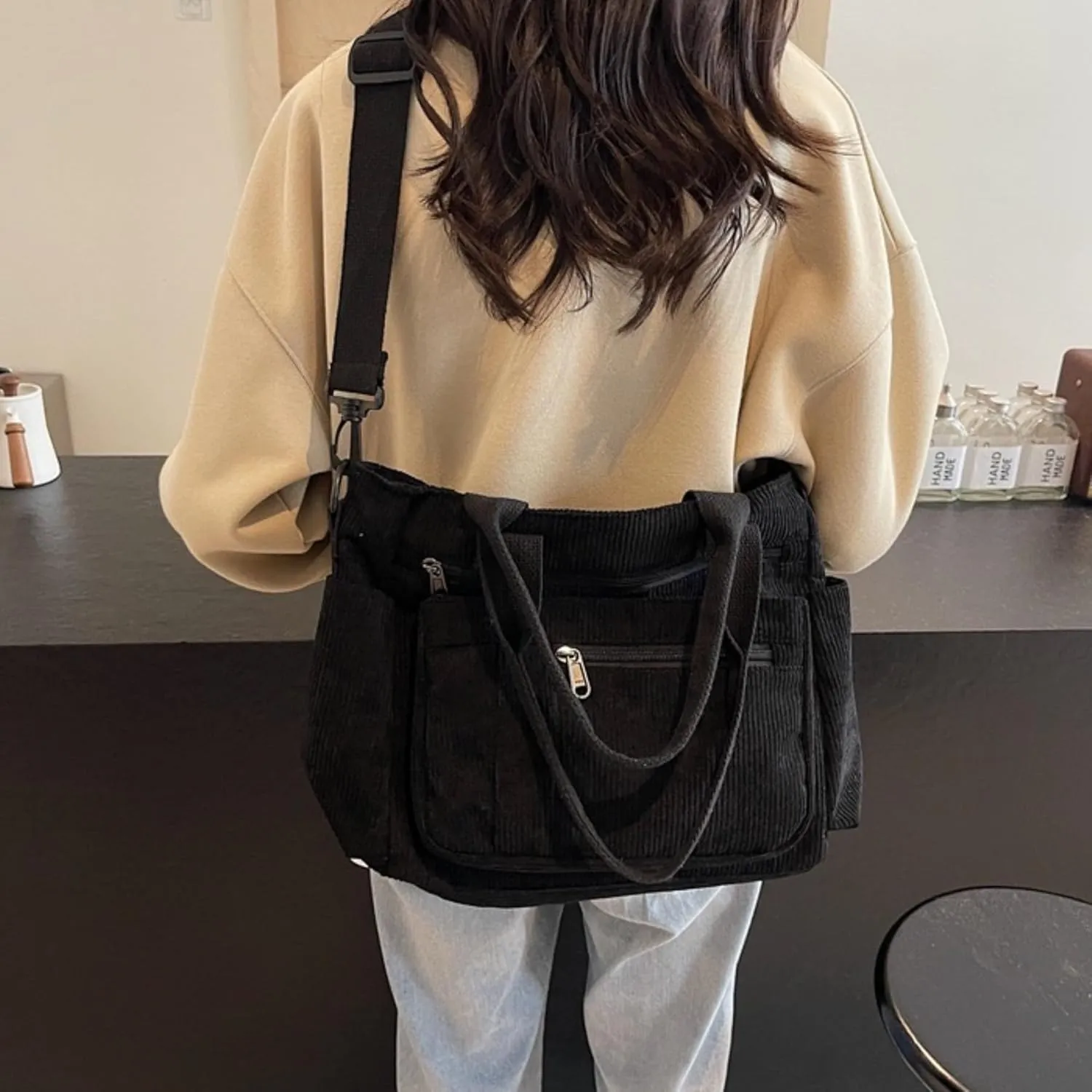 Women Corduroy Satchel Tote Bag Multi Pockets Large Capacity Totes Handbag Casual Work Meaaenger Purse,Green