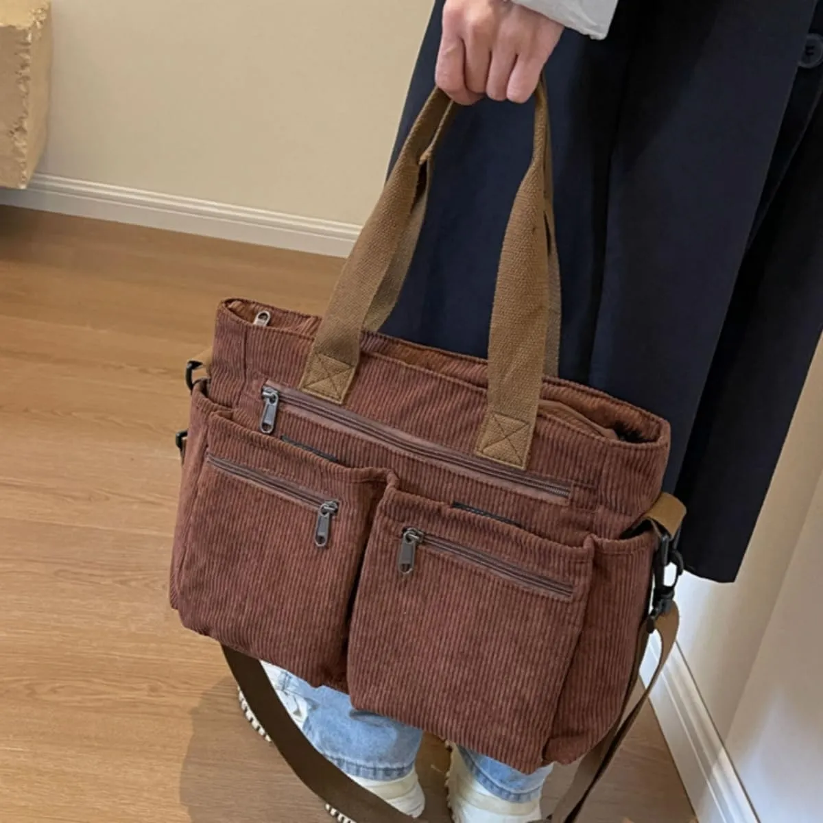 Women Corduroy Satchel Tote Bag Multi Pockets Large Capacity Totes Handbag Casual Work Meaaenger Purse,Green