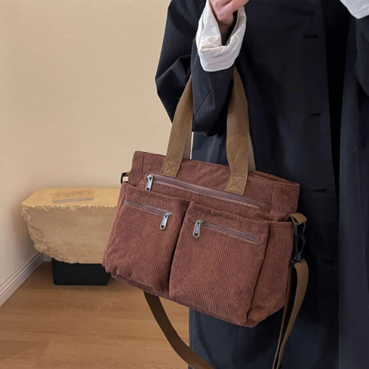 Women Corduroy Satchel Tote Bag Multi Pockets Large Capacity Totes Handbag Casual Work Meaaenger Purse,Green