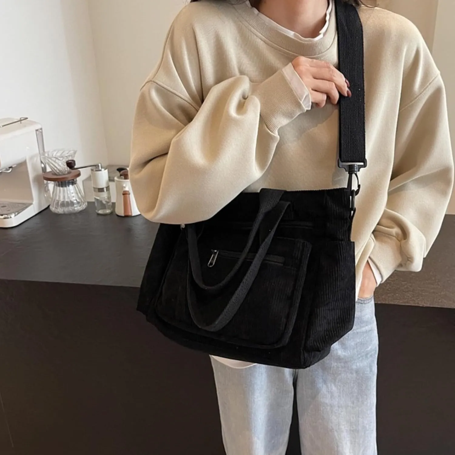 Women Corduroy Satchel Tote Bag Multi Pockets Large Capacity Totes Handbag Casual Work Meaaenger Purse,Green