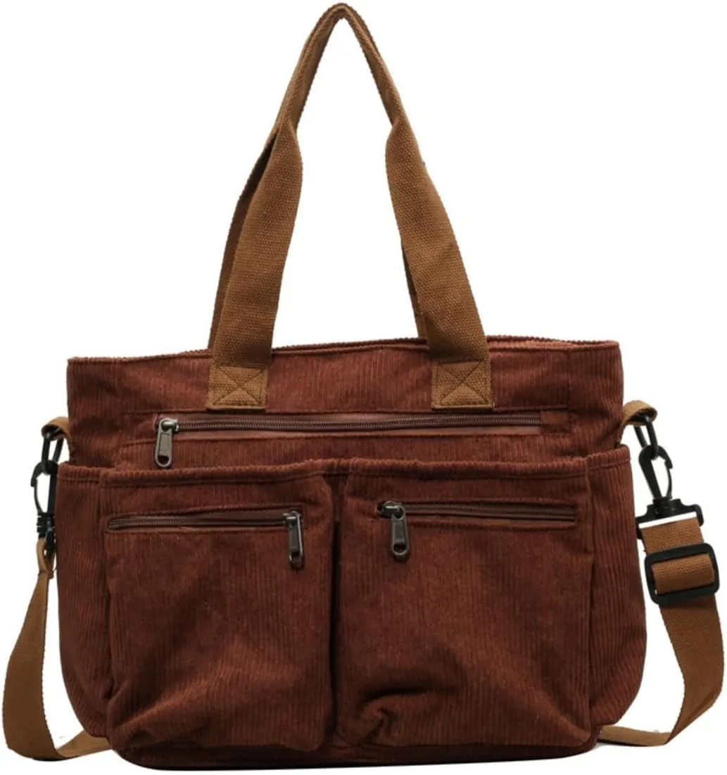 Women Corduroy Satchel Tote Bag Multi Pockets Large Capacity Totes Handbag Casual Work Meaaenger Purse,Green