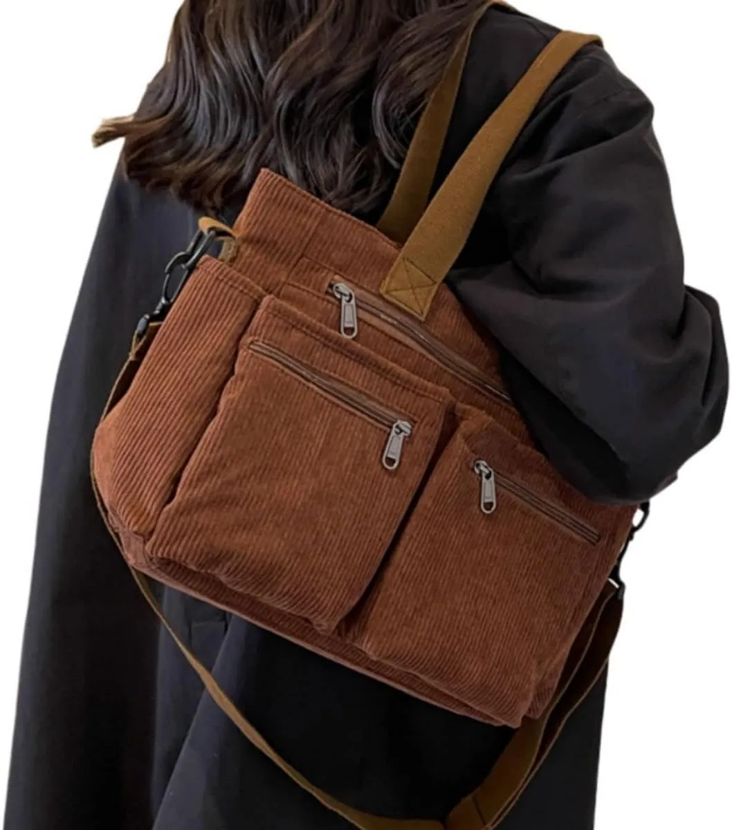 Women Corduroy Satchel Tote Bag Multi Pockets Large Capacity Totes Handbag Casual Work Meaaenger Purse,Green
