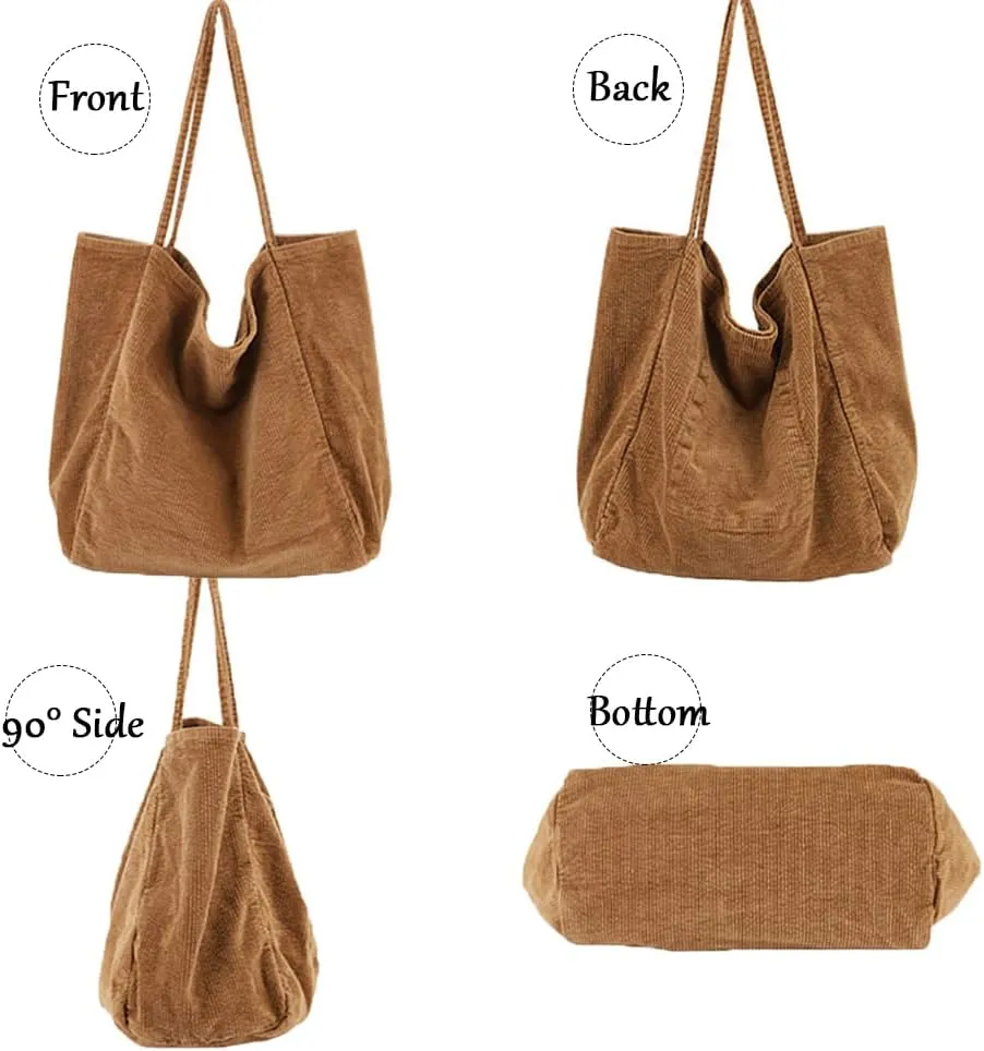 Womens Corduroy Tote Bag Large Canvas Shoulder Handbags Retro Casual Totes Shopping Bag for Travel Office