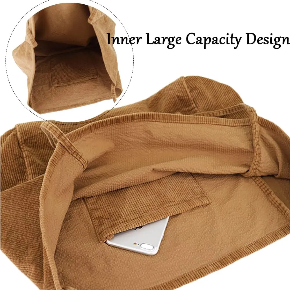 Womens Corduroy Tote Bag Large Canvas Shoulder Handbags Retro Casual Totes Shopping Bag for Travel Office