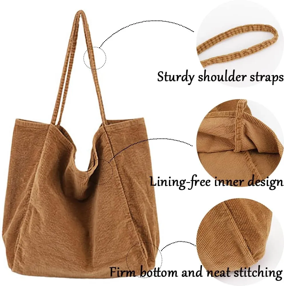Womens Corduroy Tote Bag Large Canvas Shoulder Handbags Retro Casual Totes Shopping Bag for Travel Office