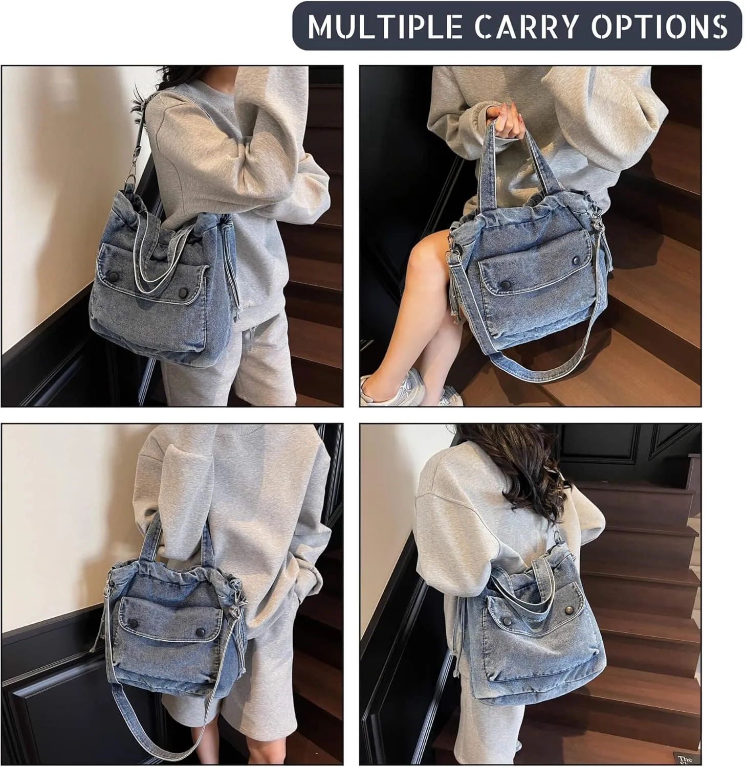 Women's Denim Crossbody Bag with Multi-Pockets Durable Jean Hobo Purse for Daily Use Travel