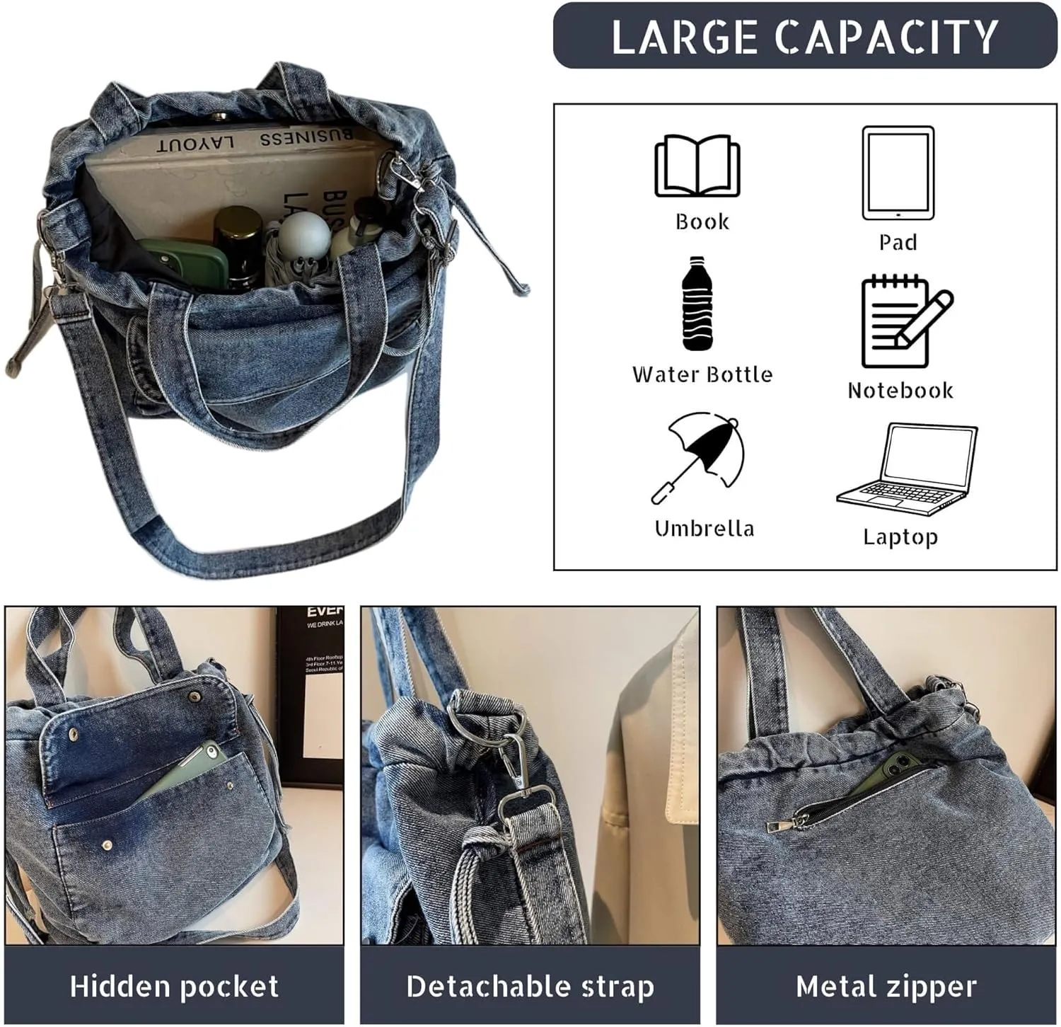 Women's Denim Crossbody Bag with Multi-Pockets Durable Jean Hobo Purse for Daily Use Travel