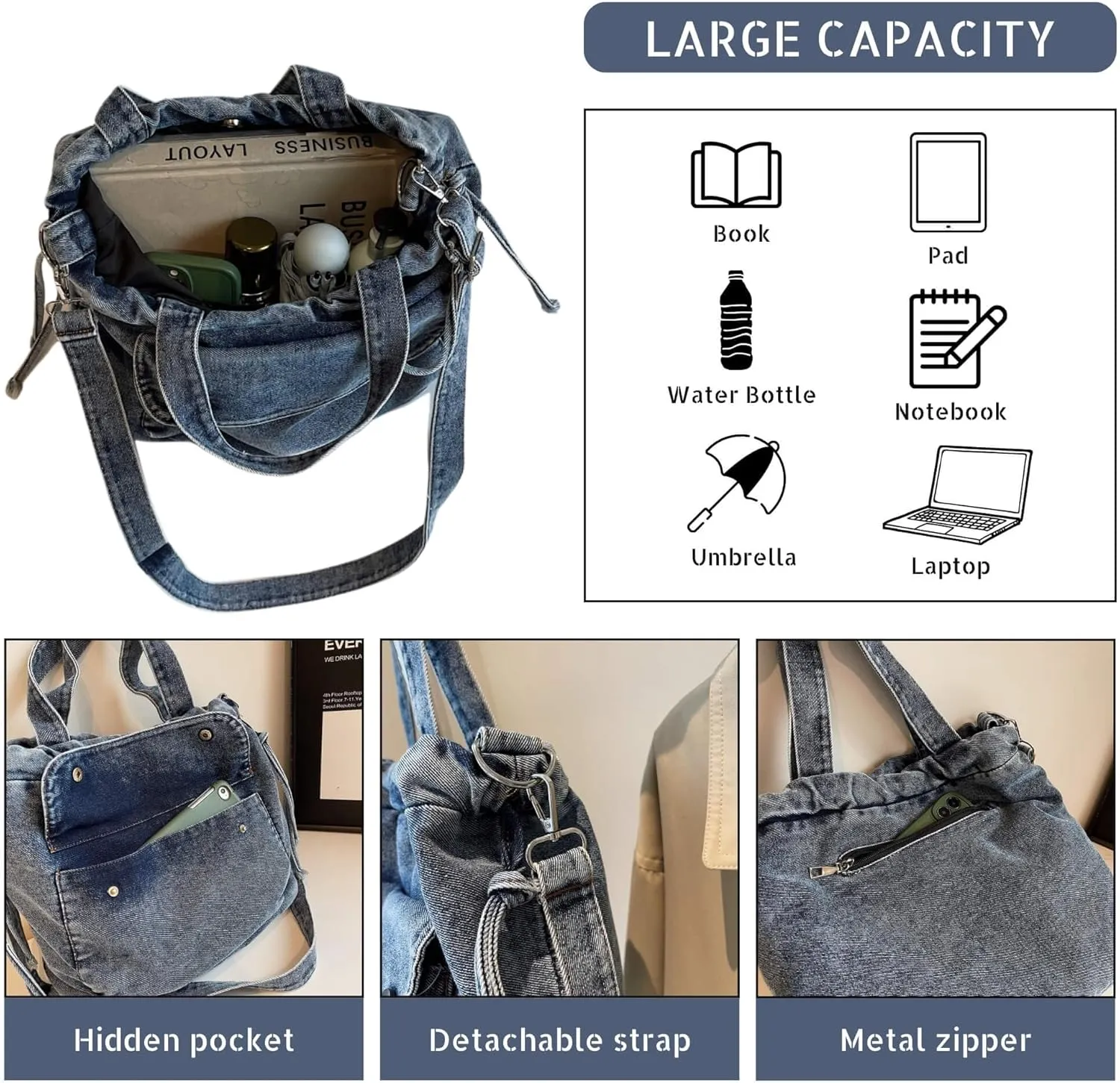 Women's Denim Crossbody Bag with Multi-Pockets Durable Jean Hobo Purse for Daily Use Travel