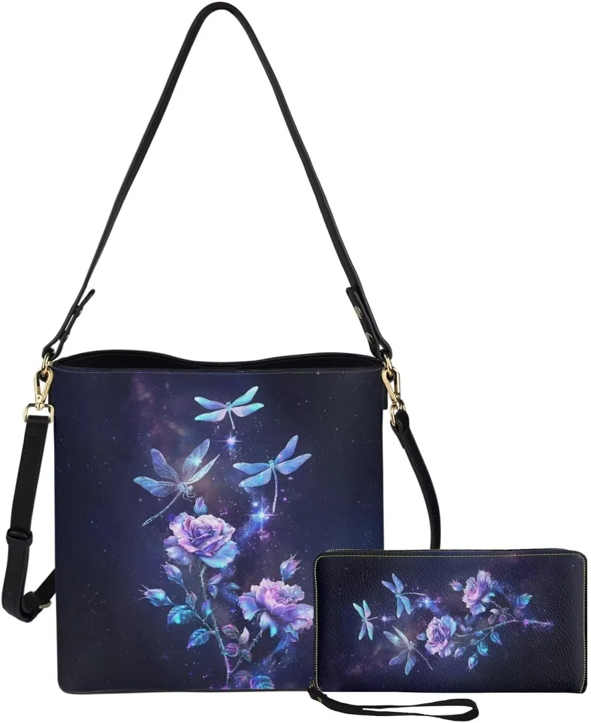 Women's Handbag Waterproof PU Tote Shoulder Bucket Bags with Wallet 2pc Set for Daily Use