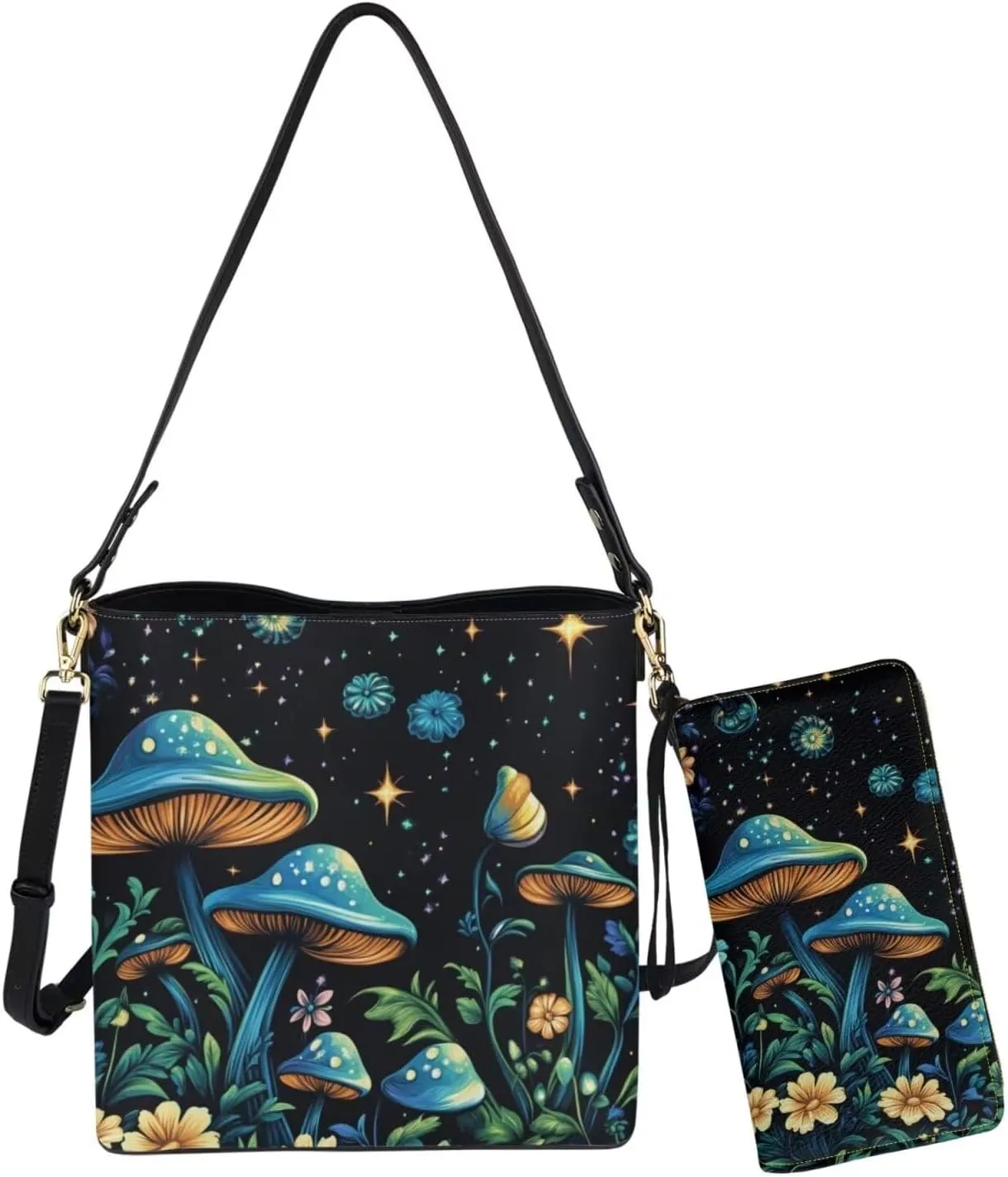 Women's Handbag Waterproof PU Tote Shoulder Bucket Bags with Wallet 2pc Set for Daily Use