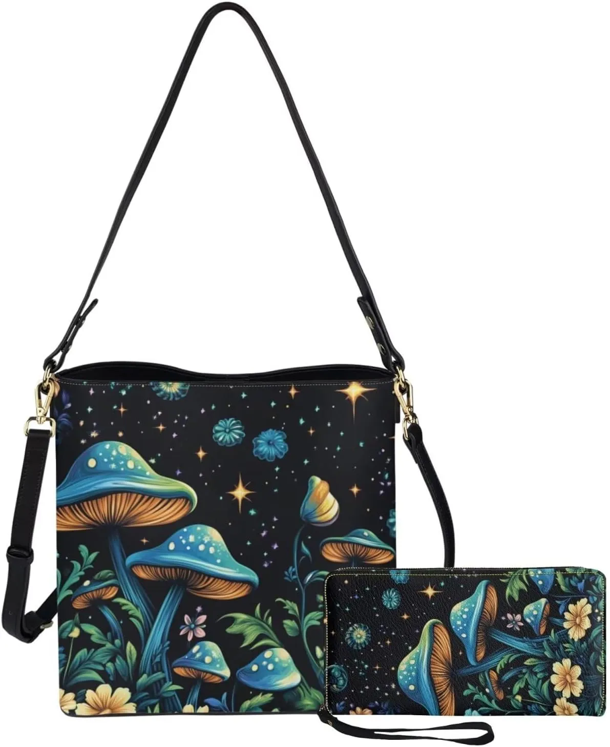Women's Handbag Waterproof PU Tote Shoulder Bucket Bags with Wallet 2pc Set for Daily Use