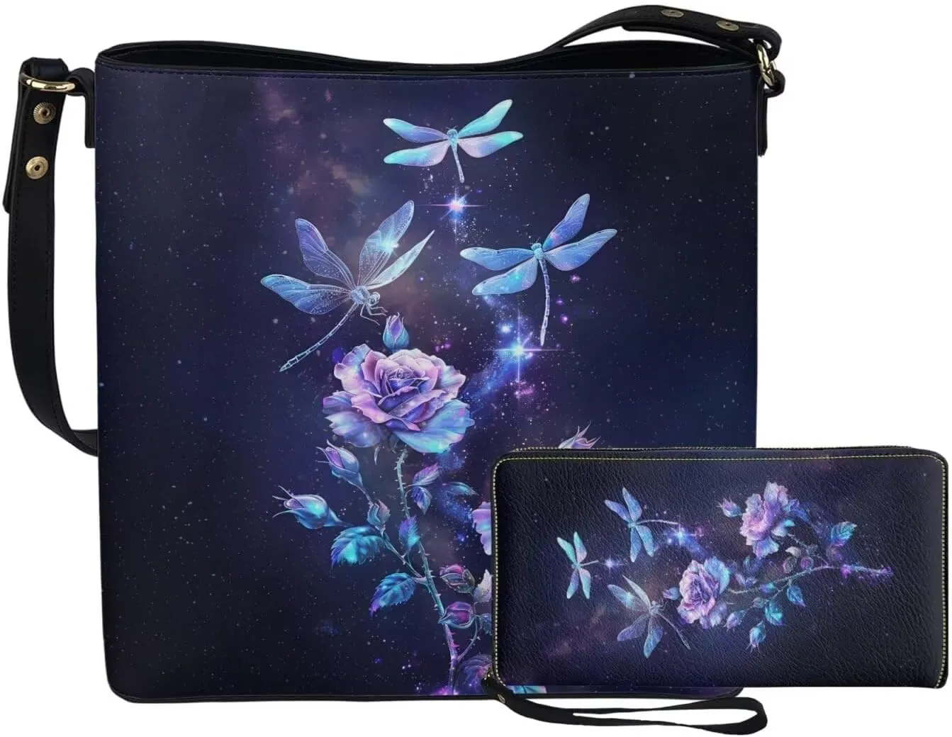 Women's Handbag Waterproof PU Tote Shoulder Bucket Bags with Wallet 2pc Set for Daily Use