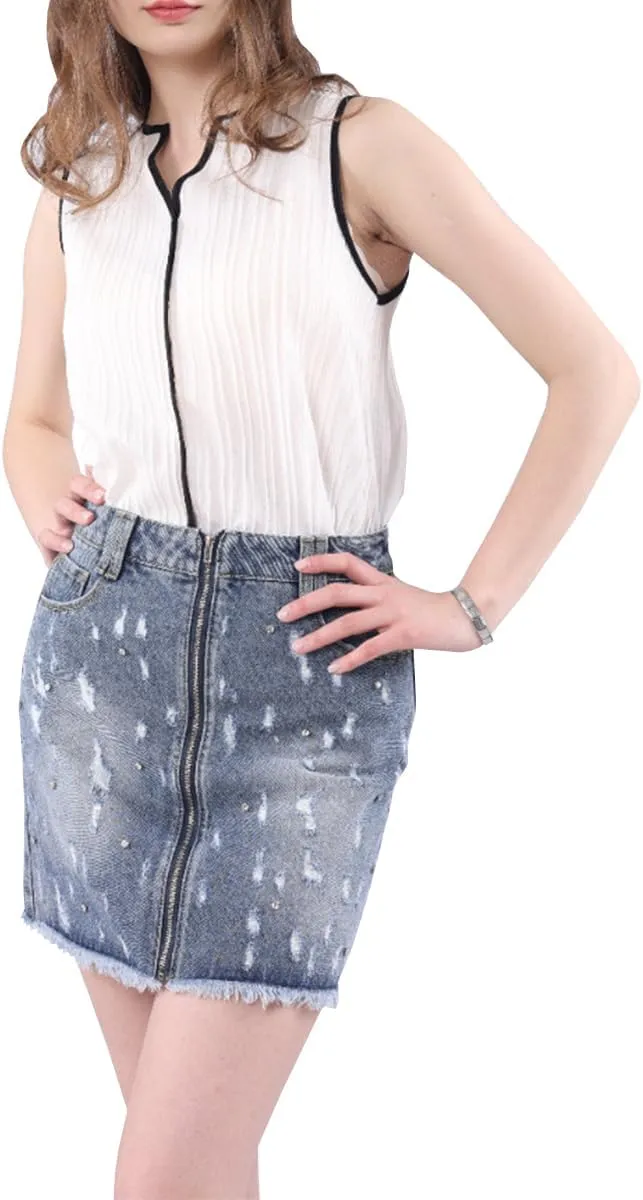 Women's High Waisted Mini Denim Skirt Beaded Ripped Raw Edge Zippers Slim Fit Jean Wrap Short Skirt