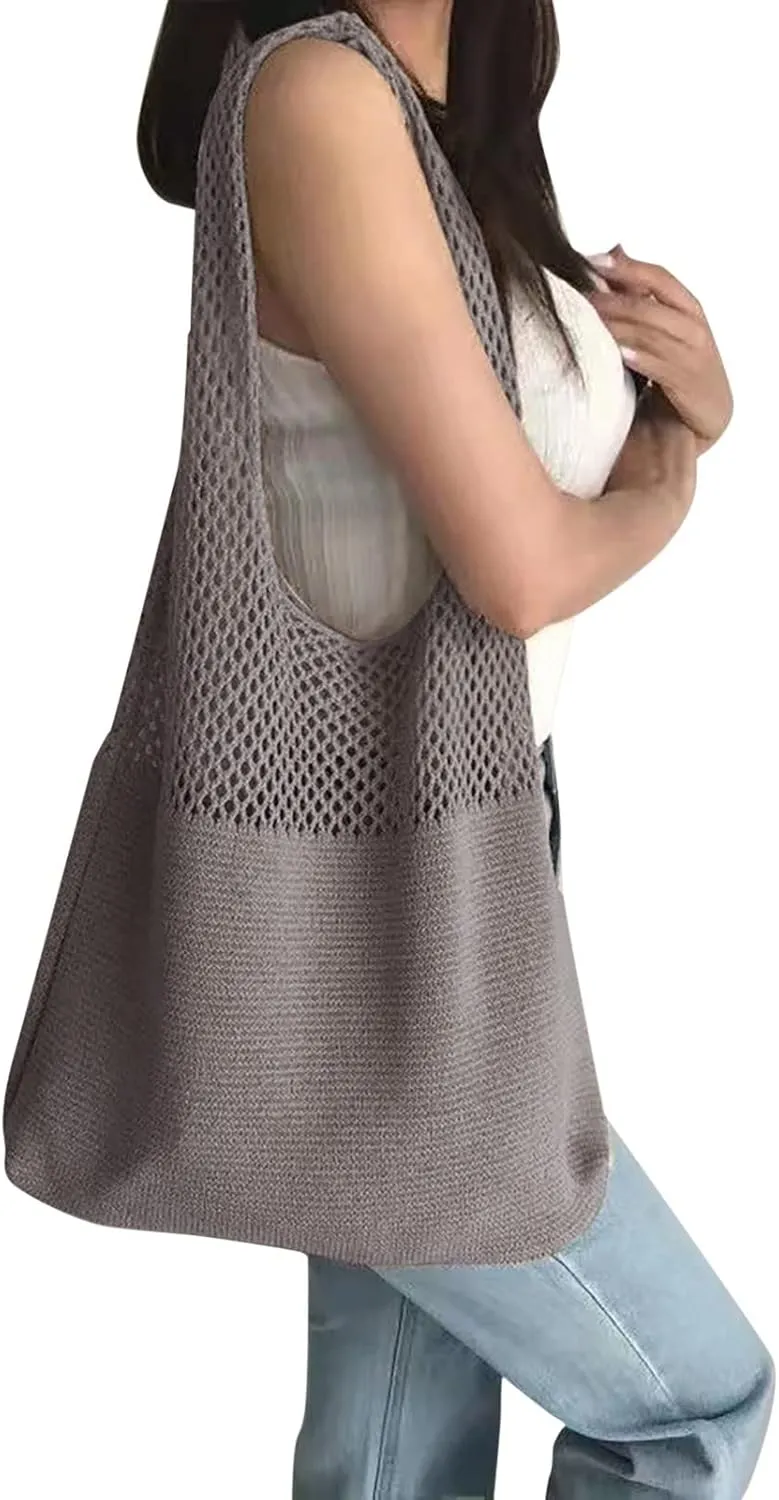 Women's Spring/Summer Portable Retro Hollow Knitted Handheld One Shoulder Vest Bag Women Shoulder (Dark Gray, One Size)