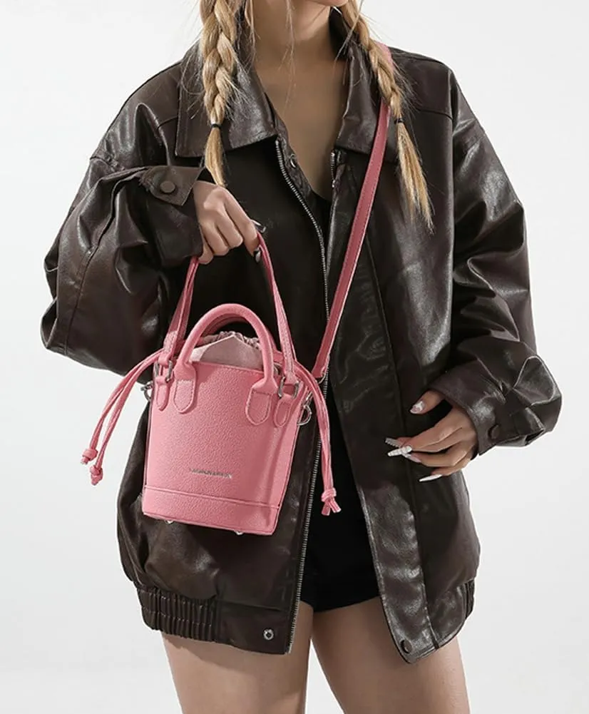 Women's Vegan Leather Handbag Crossbody Shouler Bag Bucket Totes Small Purse Y2k Satchel with Drawstring