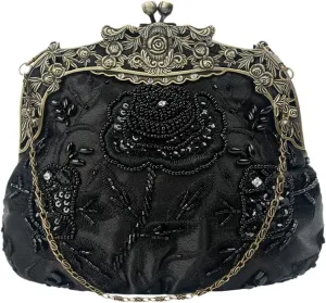 Women's Vintage Beaded Sequin Flower Evening Handbags Metal Clasp Purse