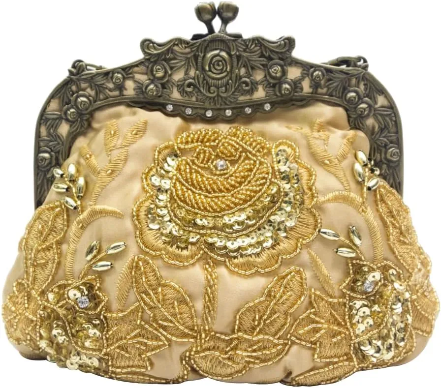 Women's Vintage Beaded Sequin Flower Evening Handbags Metal Clasp Purse