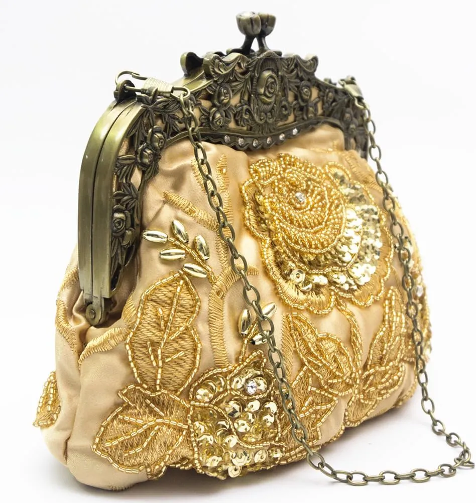 Women's Vintage Beaded Sequin Flower Evening Handbags Metal Clasp Purse