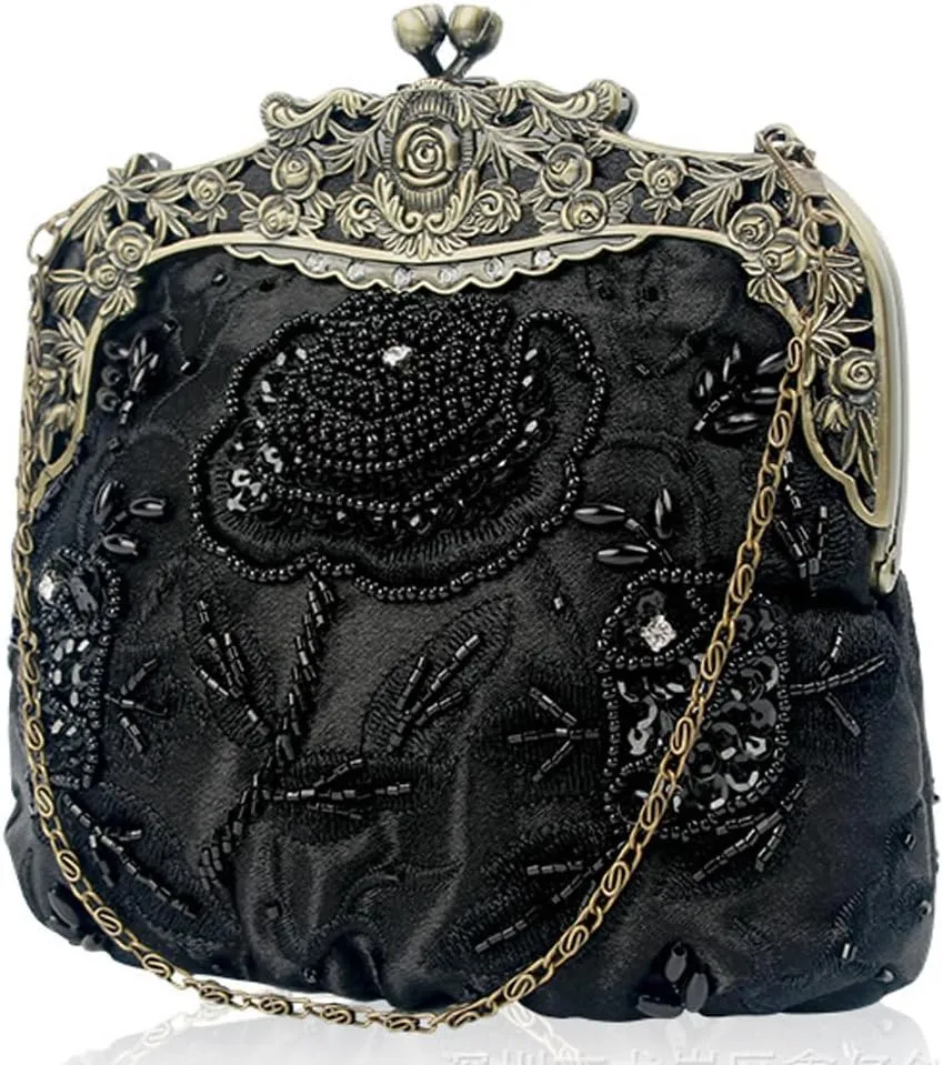 Women's Vintage Beaded Sequin Flower Evening Handbags Metal Clasp Purse