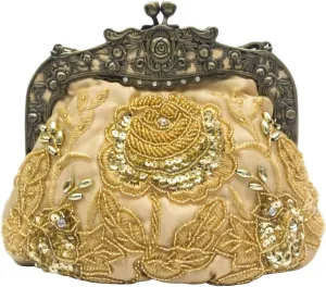 Women's Vintage Beaded Sequin Flower Evening Handbags Metal Clasp Purse