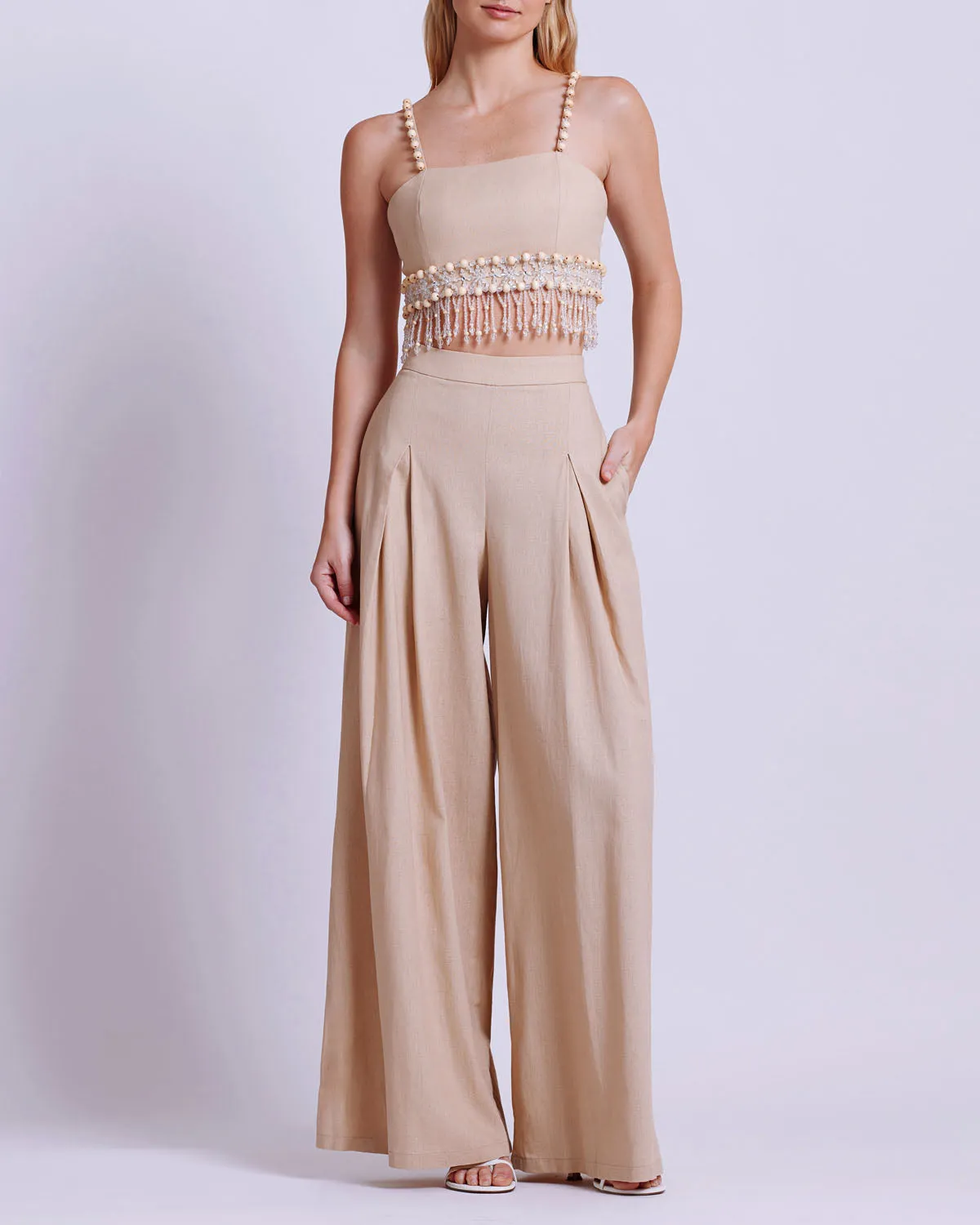 Wood and Crystal Beaded Linen Top