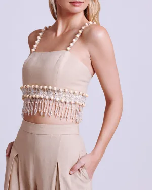 Wood and Crystal Beaded Linen Top