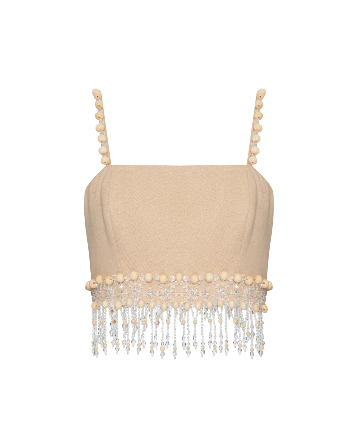 Wood and Crystal Beaded Linen Top