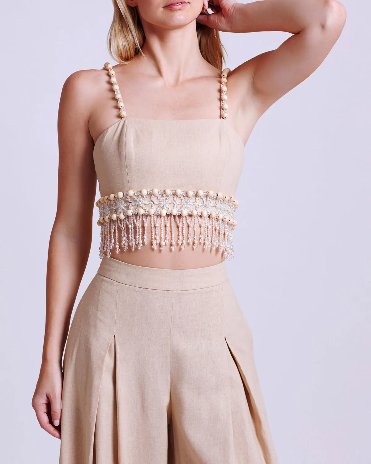 Wood and Crystal Beaded Linen Top