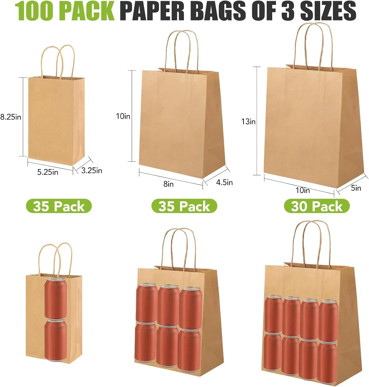 XPCARE 100PCS Brown Paper Bags with Handles, Three Different Sizes of Bulk Brown Gift Bags 5.25x3.25x8.25 & 8x4.5x10 & 10x5x13 Inch Grocery Retail Kraft Paper Bags for Party Birthday Shopping Takeaway