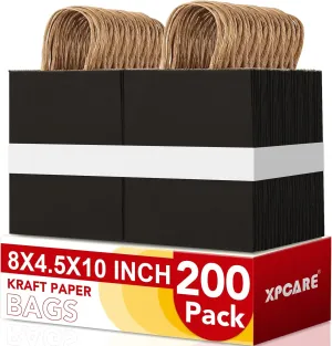 XPCARE 200Pack Paper Bags 8x4.5x10 Inch, Plain Medium Paper Bags with Handles Bulk, Kraft Paper Gift Bag, Retail, Party, Shopping, Favor Bag(Black)
