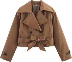 Xunger Women's Stylish Short Trench Coat Bow Belt Casual Long Sleeve Jacket Lightweight Spring Fall Windbreaker with Pockets